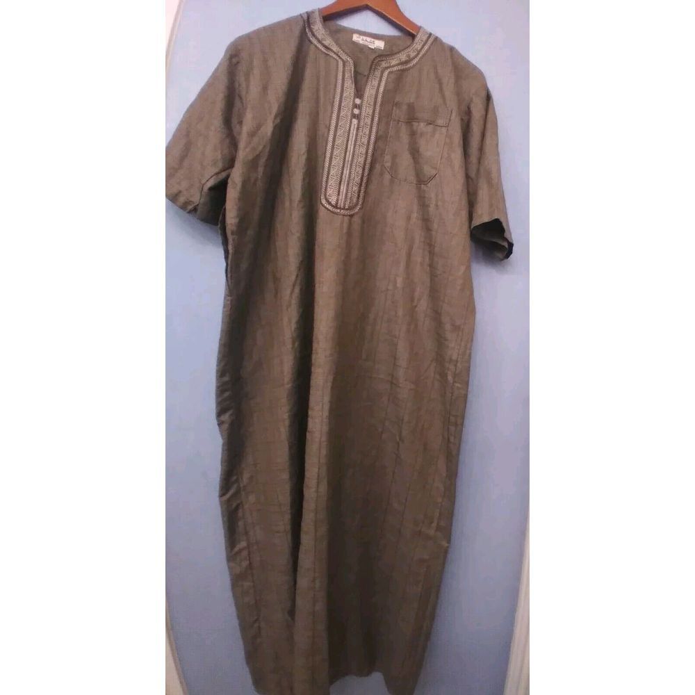 Traditional‎ Olive Green Cotton Thobe Kaftan Mandarin Collar Short Sleeve Robe